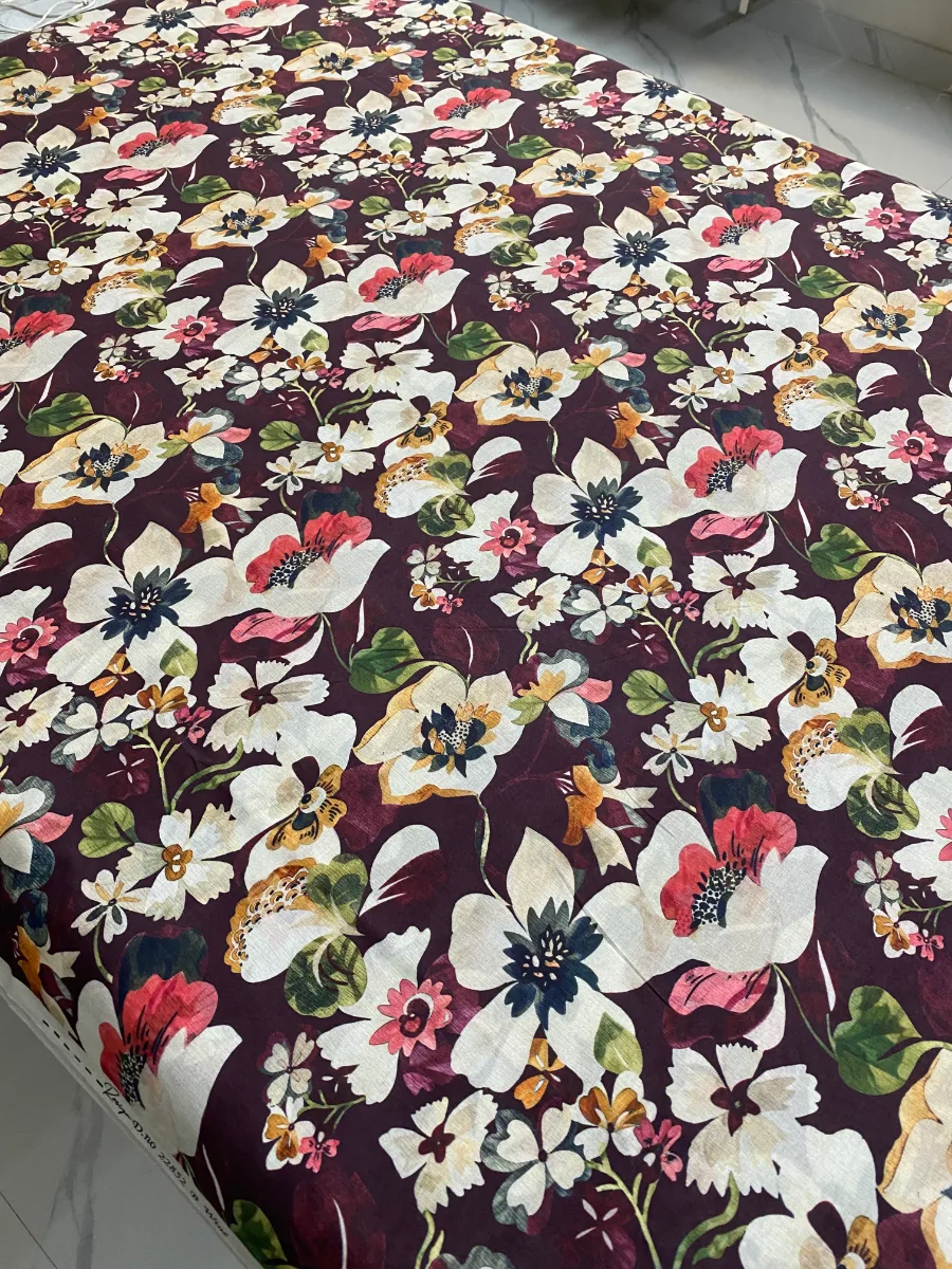 Cotton Muslin | Maroon Floral | Printed | Unstitched Suit