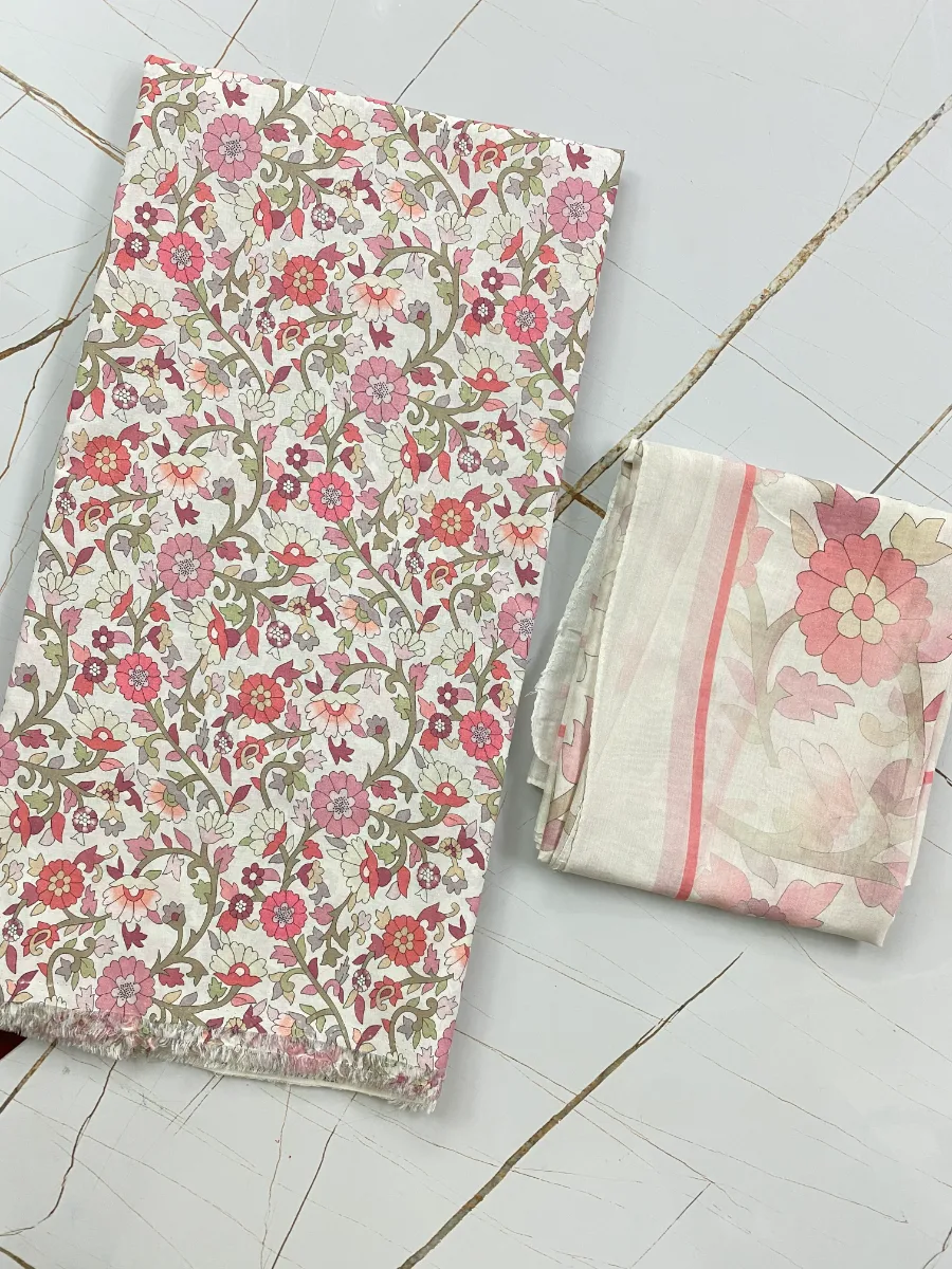Cotton Muslin | Pink Sky Blue Dense Floral | Printed | Unstitched Suit