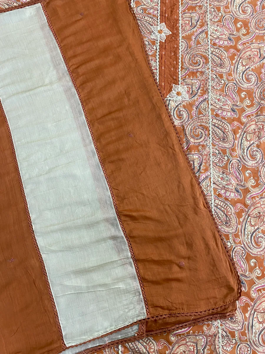 Cotton Muslin | Rust Brown | Printed Thread Lace Work | Unstitched Suit