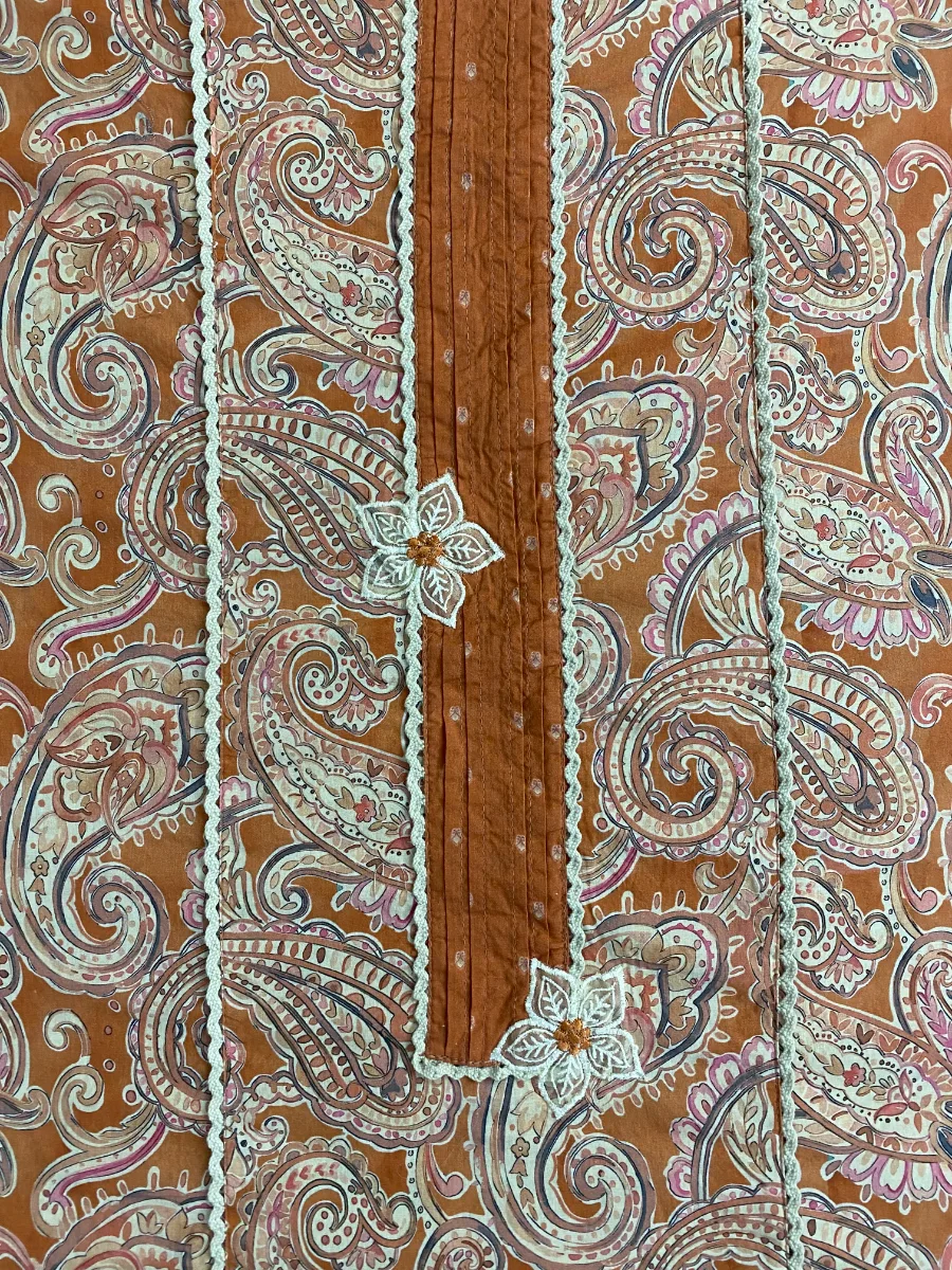 Cotton Muslin | Rust Brown | Printed Thread Lace Work | Unstitched Suit