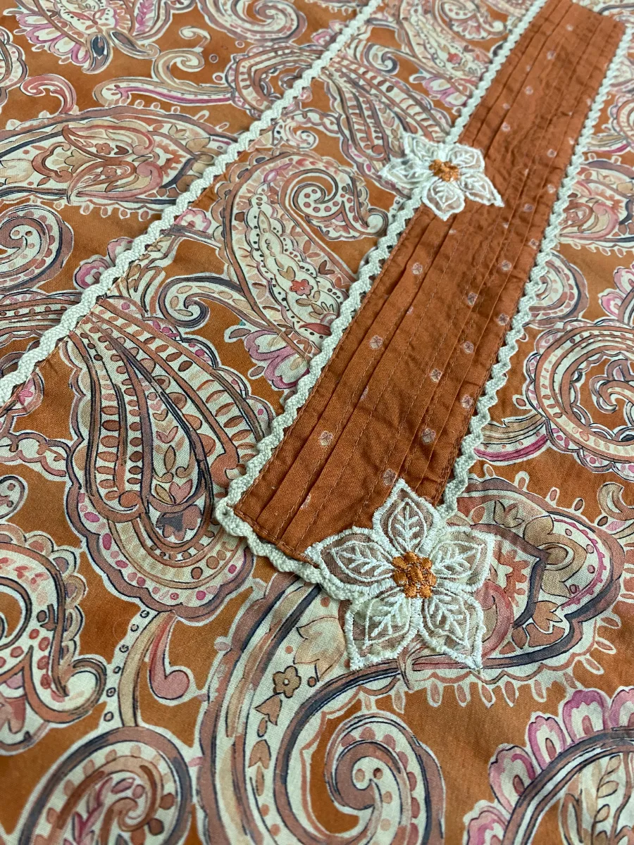 Cotton Muslin | Rust Brown | Printed Thread Lace Work | Unstitched Suit