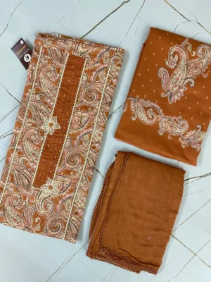 Cotton Muslin | Rust Brown | Printed Thread Lace Work | Unstitched Suit