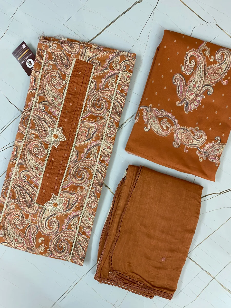 Cotton Muslin | Rust Brown | Printed Thread Lace Work | Unstitched Suit