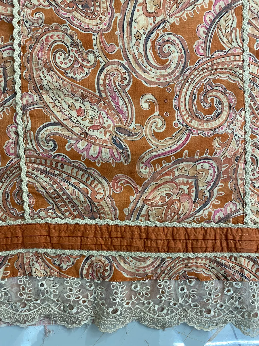 Cotton Muslin | Rust Brown | Printed Thread Lace Work | Unstitched Suit