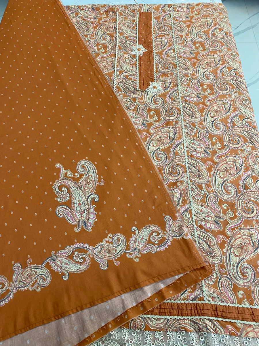 Cotton Muslin | Rust Brown | Printed Thread Lace Work | Unstitched Suit