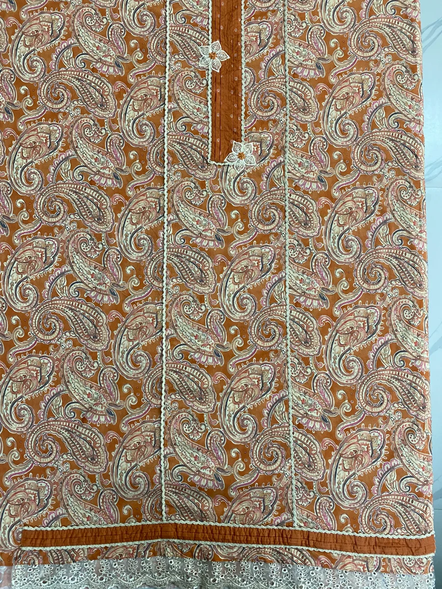 Cotton Muslin | Rust Brown | Printed Thread Lace Work | Unstitched Suit