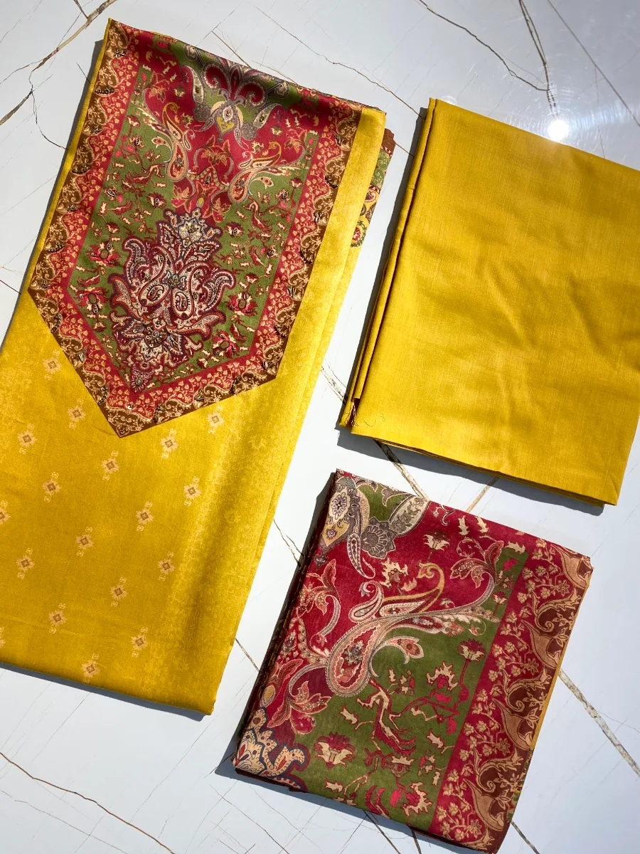 Cotton | Mustard Yellow | Thread Work Printed | Unstitched Suit