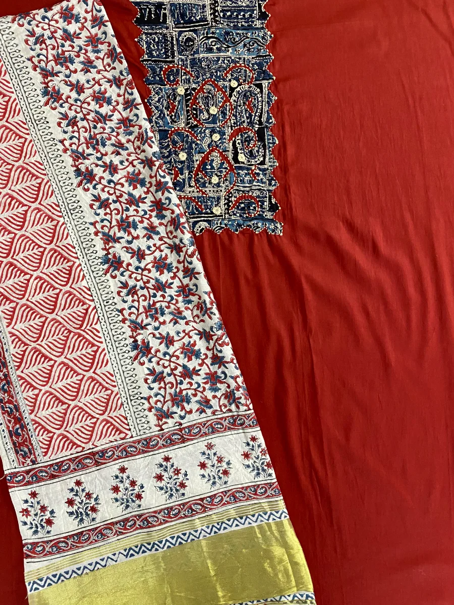 Cotton | Reddish Brown & Navy Blue | Printed | Unstitched Suit