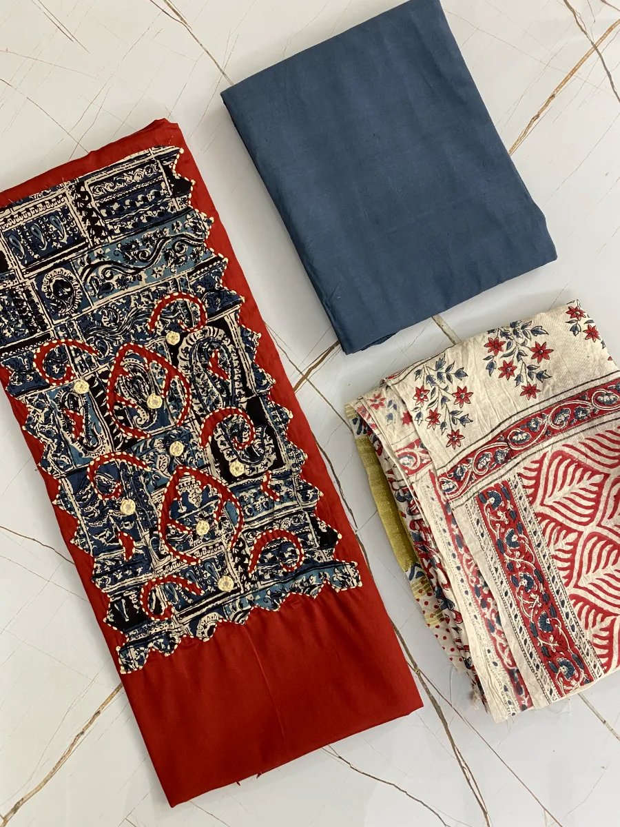 Cotton | Reddish Brown & Navy Blue | Printed | Unstitched Suit