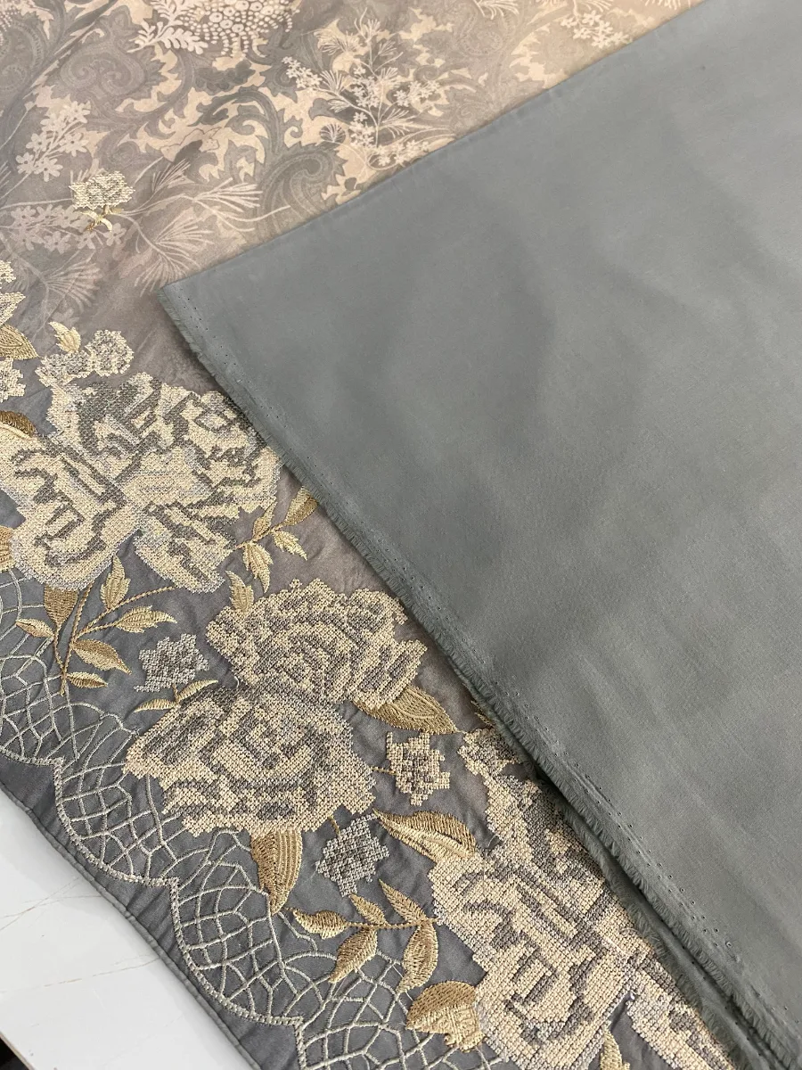 Cotton | Slate Grey | Printed & Machine Embroidered | Unstitched Suit