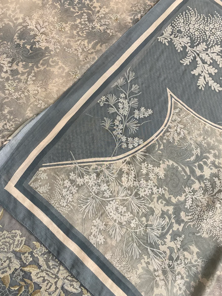 Cotton | Slate Grey | Printed & Machine Embroidered | Unstitched Suit