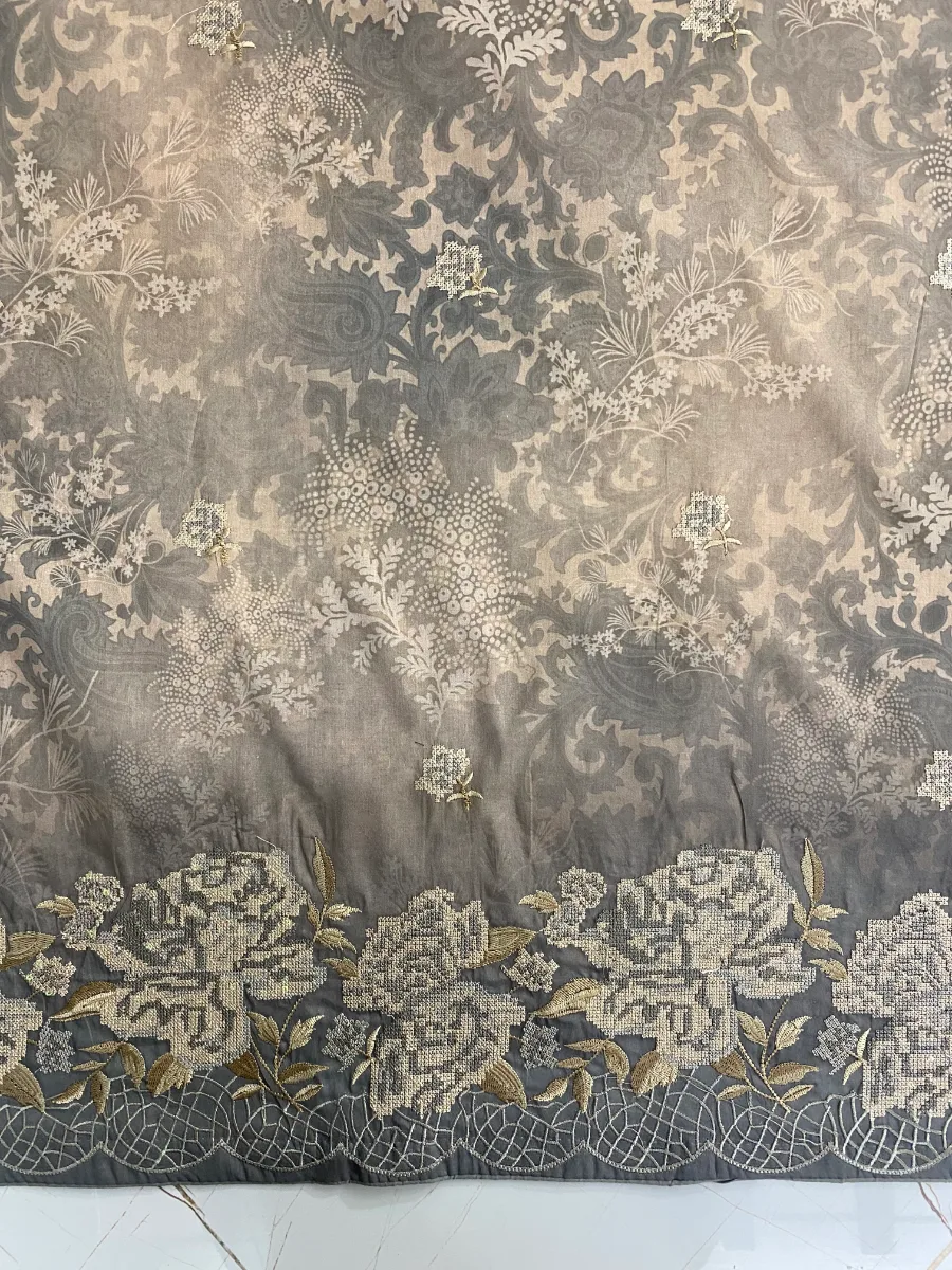 Cotton | Slate Grey | Printed & Machine Embroidered | Unstitched Suit