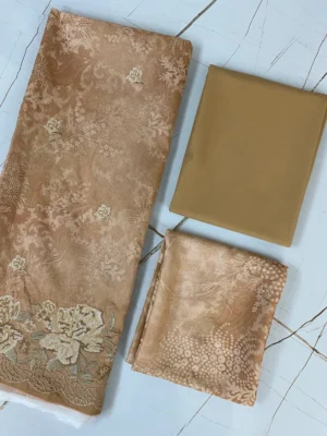 Cotton | Warm Beige | Printed & Machine Embroidered | Unstitched Suit