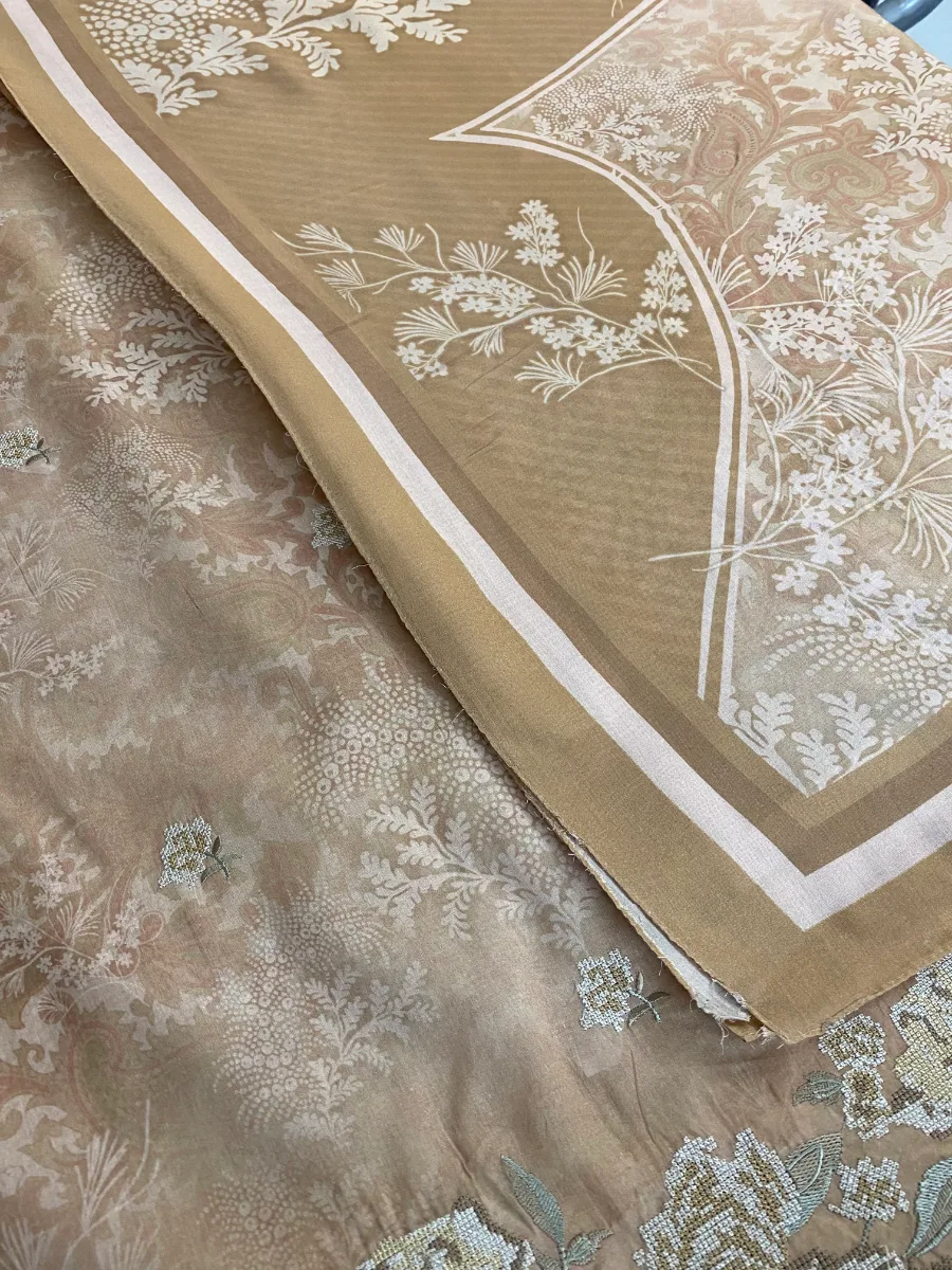 Cotton | Warm Beige | Printed & Machine Embroidered | Unstitched Suit