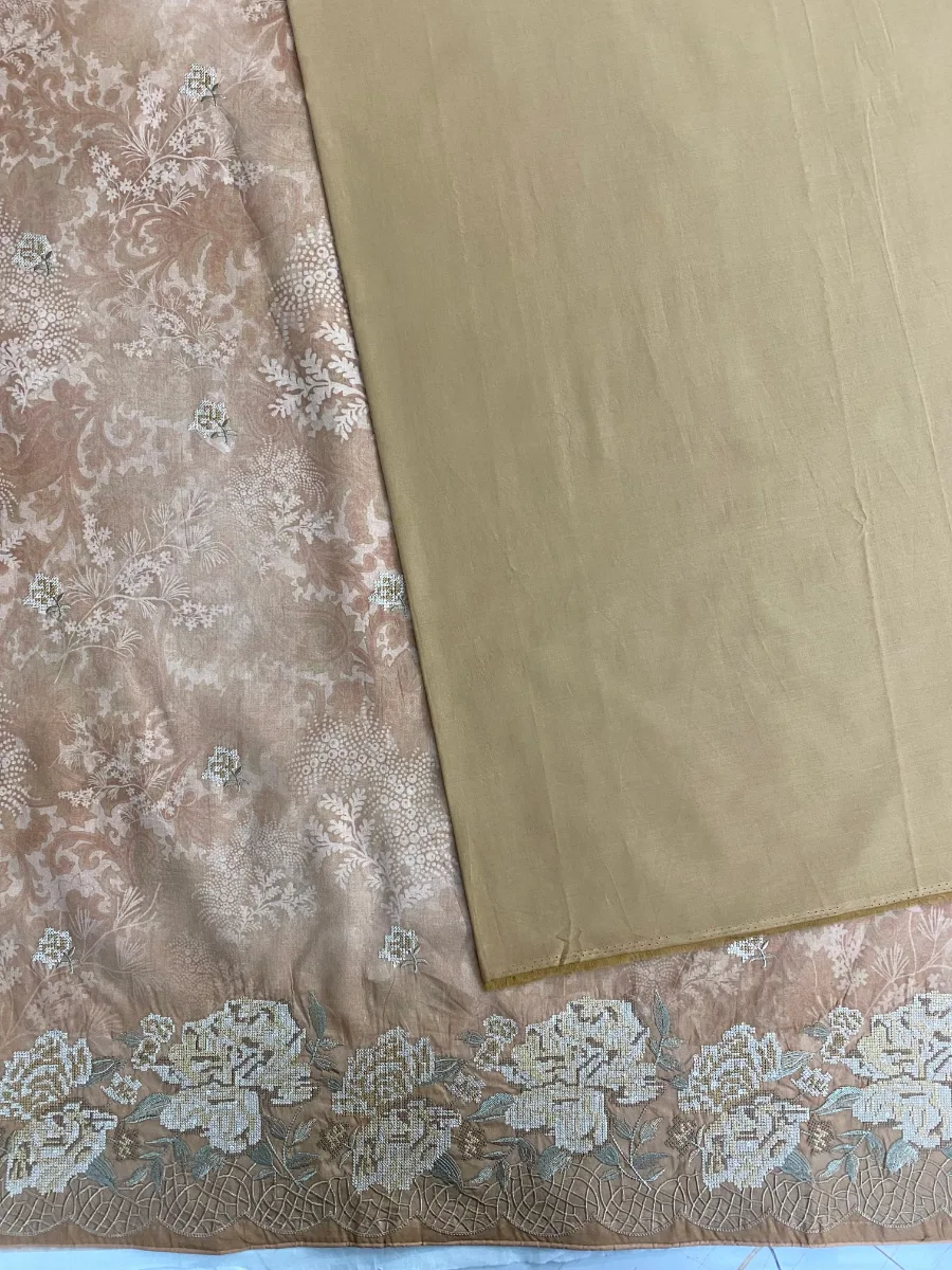 Cotton | Warm Beige | Printed & Machine Embroidered | Unstitched Suit