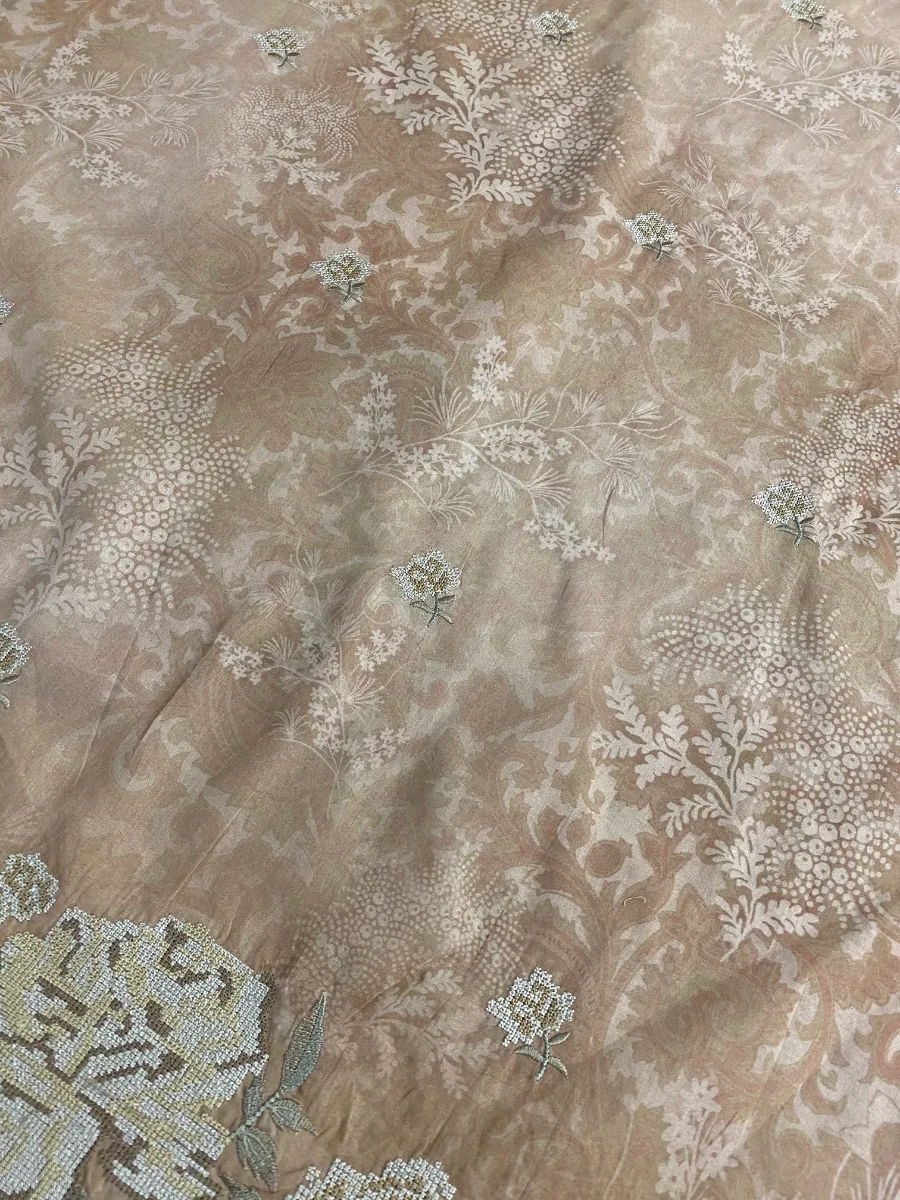 Cotton | Warm Beige | Printed & Machine Embroidered | Unstitched Suit