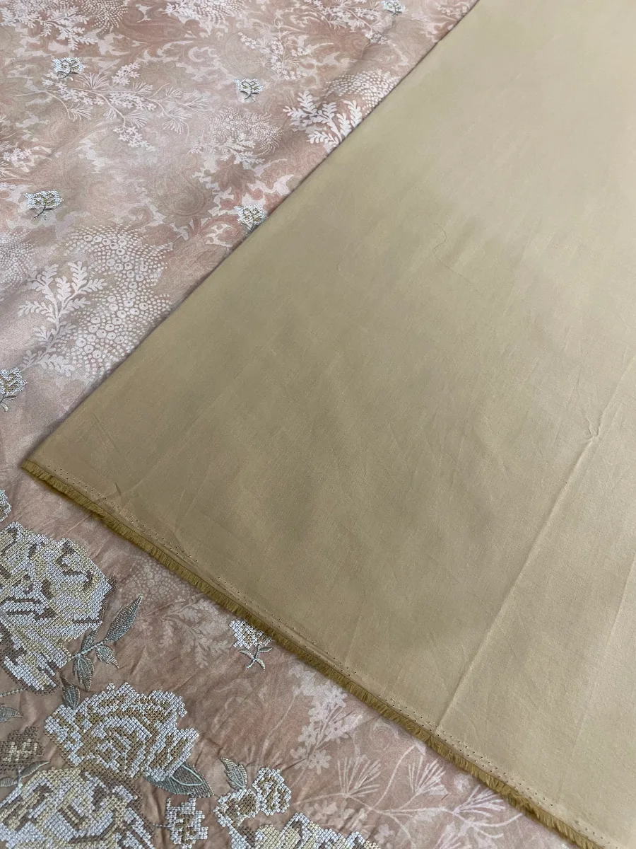 Cotton | Warm Beige | Printed & Machine Embroidered | Unstitched Suit