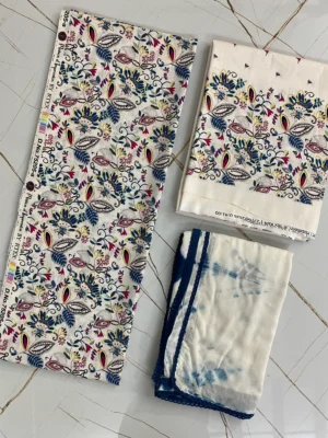 Cotton | White Blue Red Yellow Black Floral | Lace Work Printed | Unstitched Suit