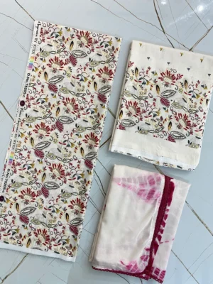 Cotton | White Green Pink Black Floral | Lace Work Printed | Unstitched Suit