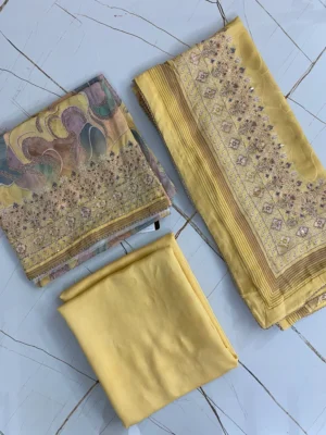 Georgette Silk | Bright Yellow Pink Purple Beige Embroidery | Thread Work Machine Embroidery | Unstitched Suit