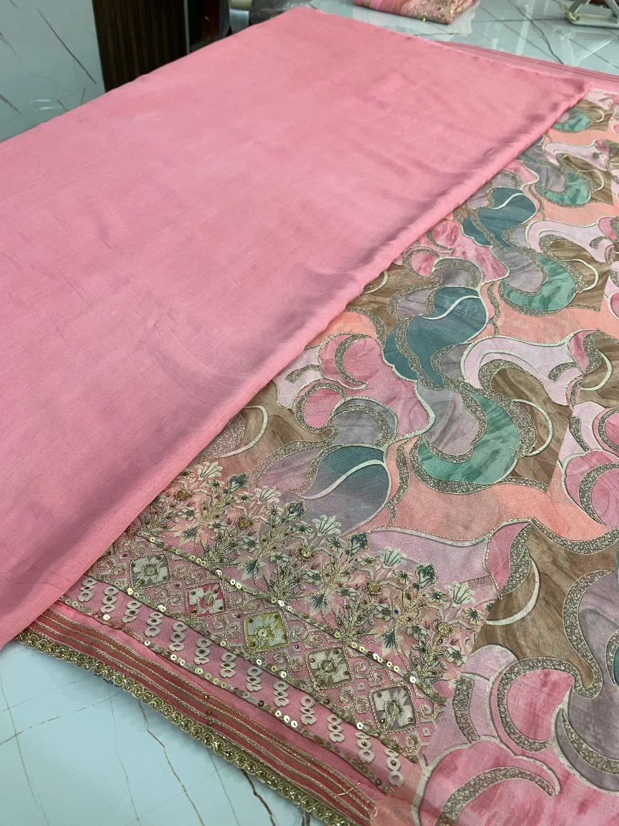 Georgette Silk | Soft Peach Gold White Pink Embroidery | Thread Work Machine Embroidery | Unstitched Suit