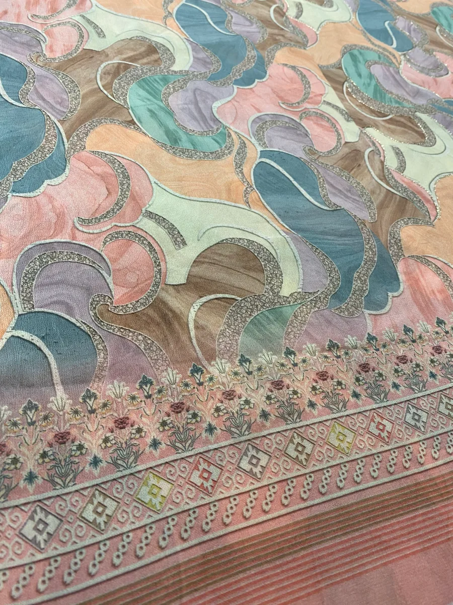 Georgette Silk | Soft Peach Gold White Pink Embroidery | Thread Work Machine Embroidery | Unstitched Suit