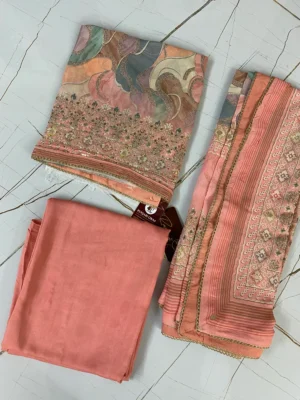 Georgette Silk | Soft Peach Gold White Pink Embroidery | Thread Work Machine Embroidery | Unstitched Suit