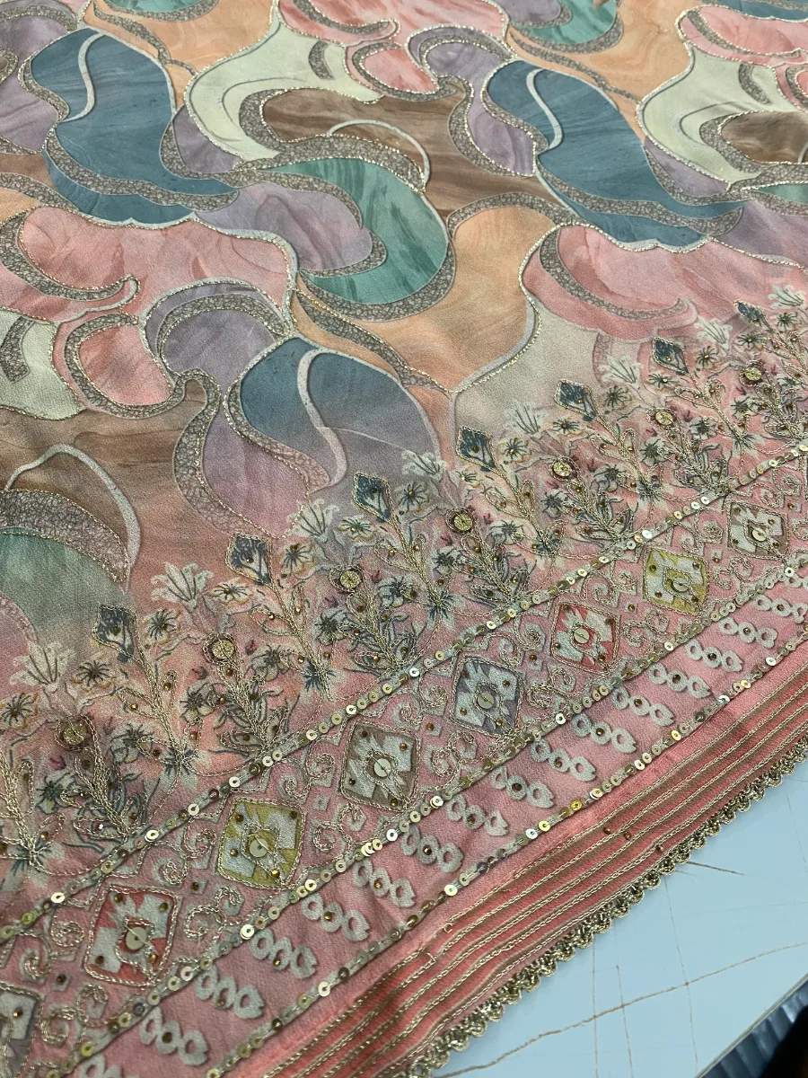 Georgette Silk | Soft Peach Gold White Pink Embroidery | Thread Work Machine Embroidery | Unstitched Suit