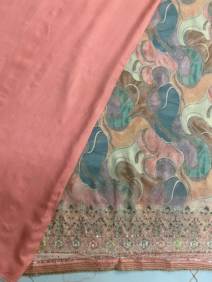 Georgette Silk | Soft Peach Gold White Pink Embroidery | Thread Work Machine Embroidery | Unstitched Suit