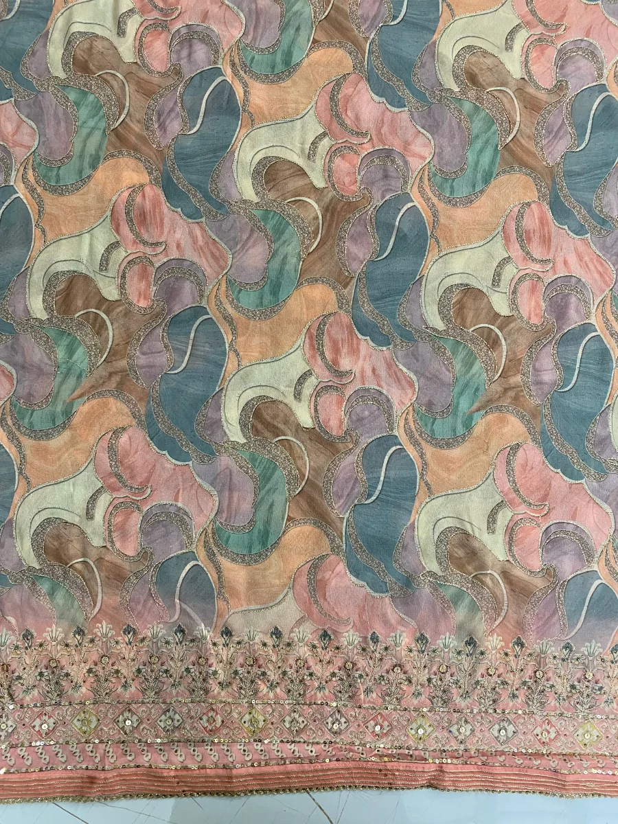 Georgette Silk | Soft Peach Gold White Pink Embroidery | Thread Work Machine Embroidery | Unstitched Suit
