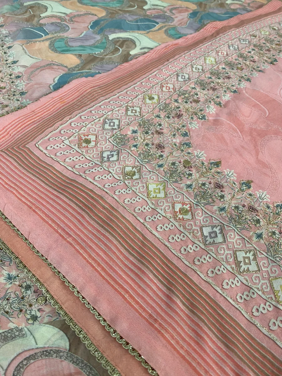 Georgette Silk | Soft Peach Gold White Pink Embroidery | Thread Work Machine Embroidery | Unstitched Suit
