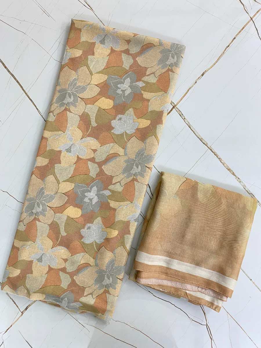 Muslin | Brown Beige | Floral Print | Unstitched Suit