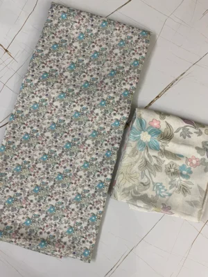 Cream base Small blue, purple, green florals