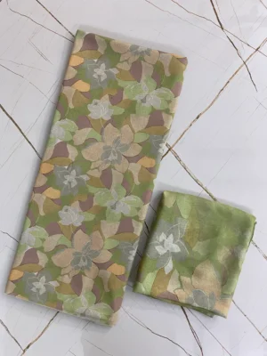 Muslin | Green Beige | Floral Print | Unstitched Suit
