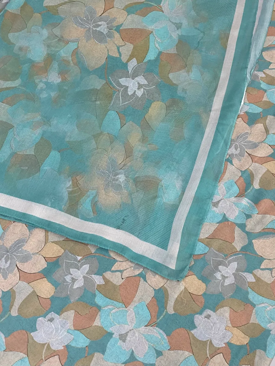 Muslin | Teal Beige | Floral Print | Unstitched Suit