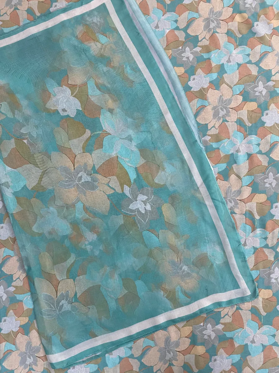 Muslin | Teal Beige | Floral Print | Unstitched Suit