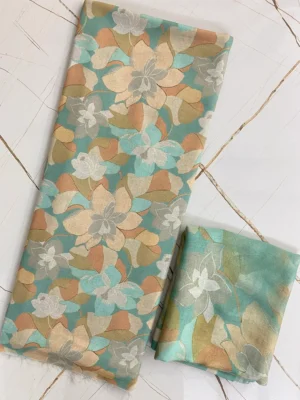 Muslin | Teal Beige | Floral Print | Unstitched Suit