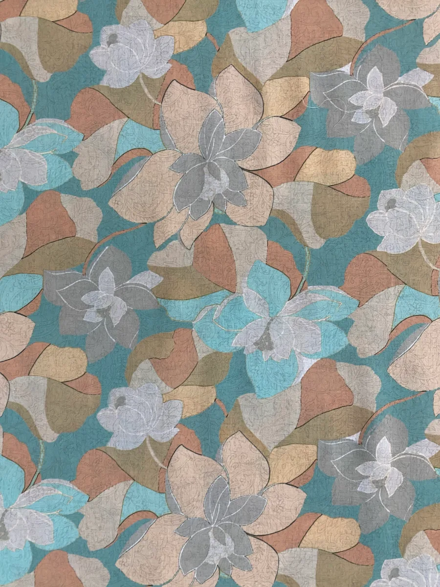 Muslin | Teal Beige | Floral Print | Unstitched Suit