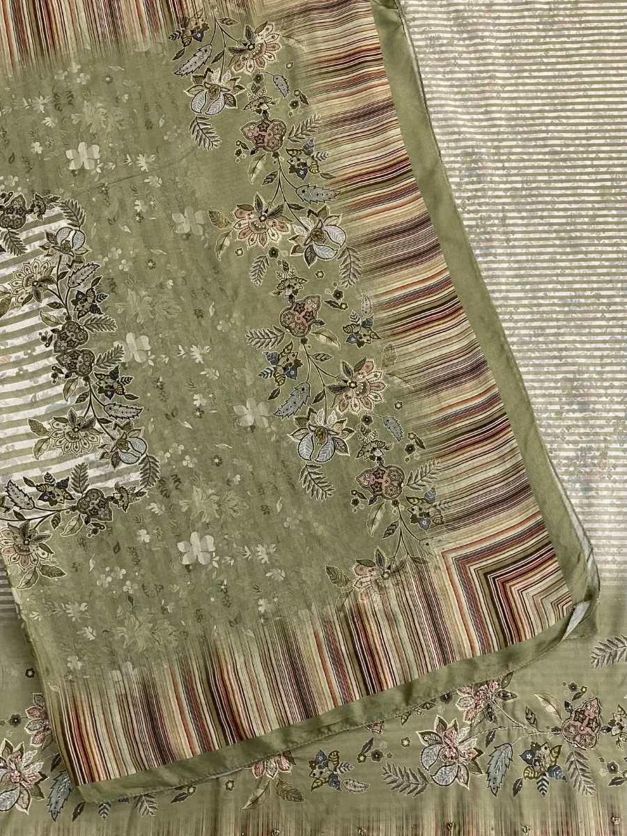 Pure Cotton | Deep Olive Green | Hand Embroidery Printed | Unstitched Suit