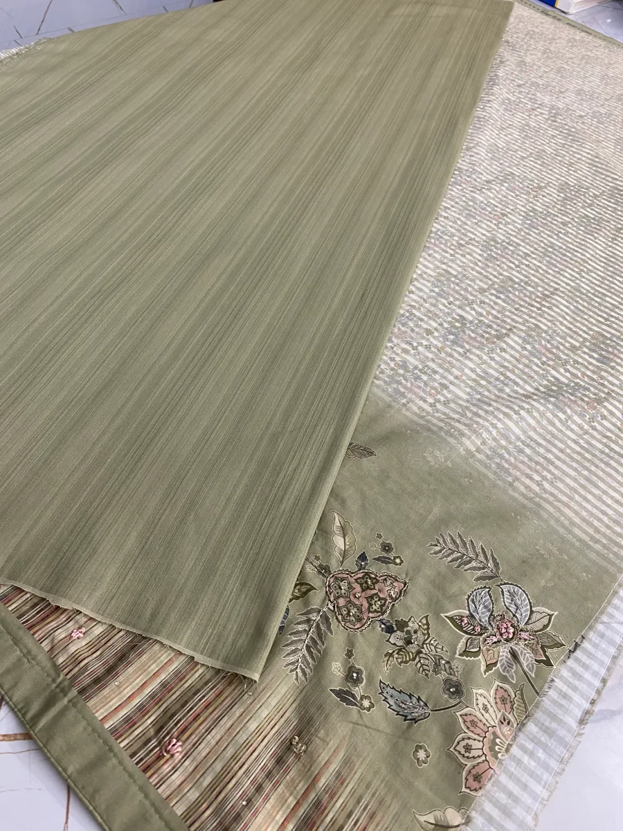 Pure Cotton | Deep Olive Green | Hand Embroidery Printed | Unstitched Suit
