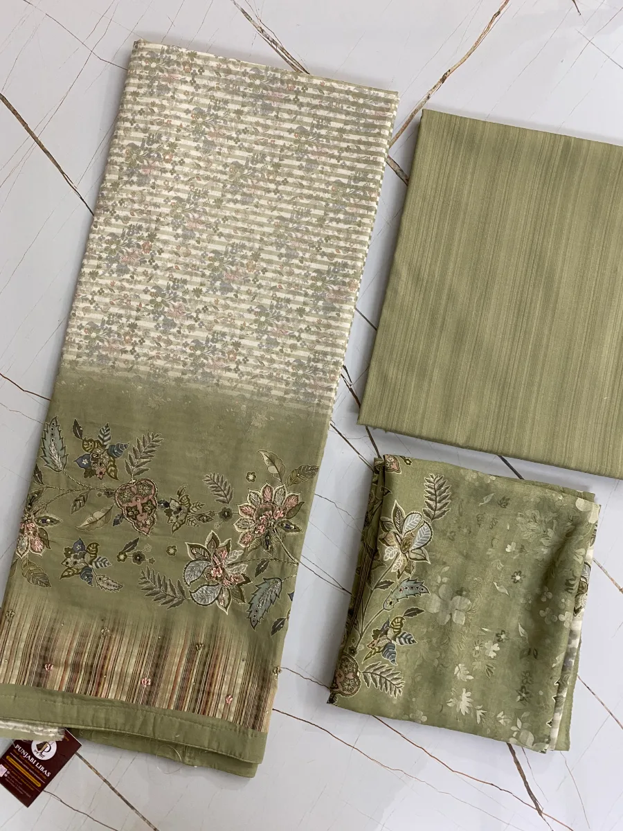 Pure Cotton | Deep Olive Green | Hand Embroidery Printed | Unstitched Suit