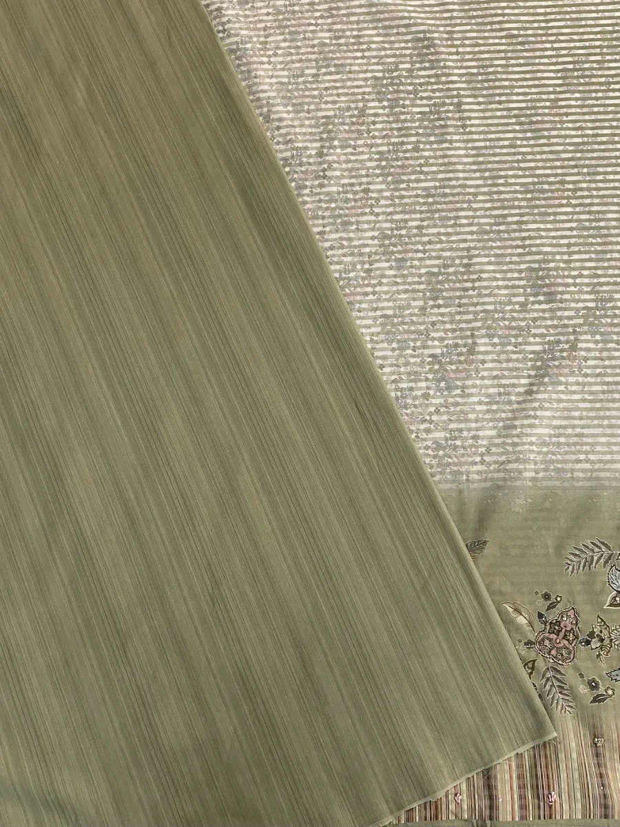 Pure Cotton | Deep Olive Green | Hand Embroidery Printed | Unstitched Suit
