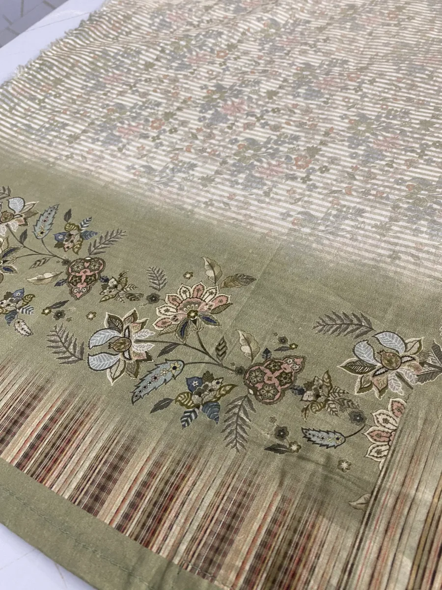 Pure Cotton | Deep Olive Green | Hand Embroidery Printed | Unstitched Suit