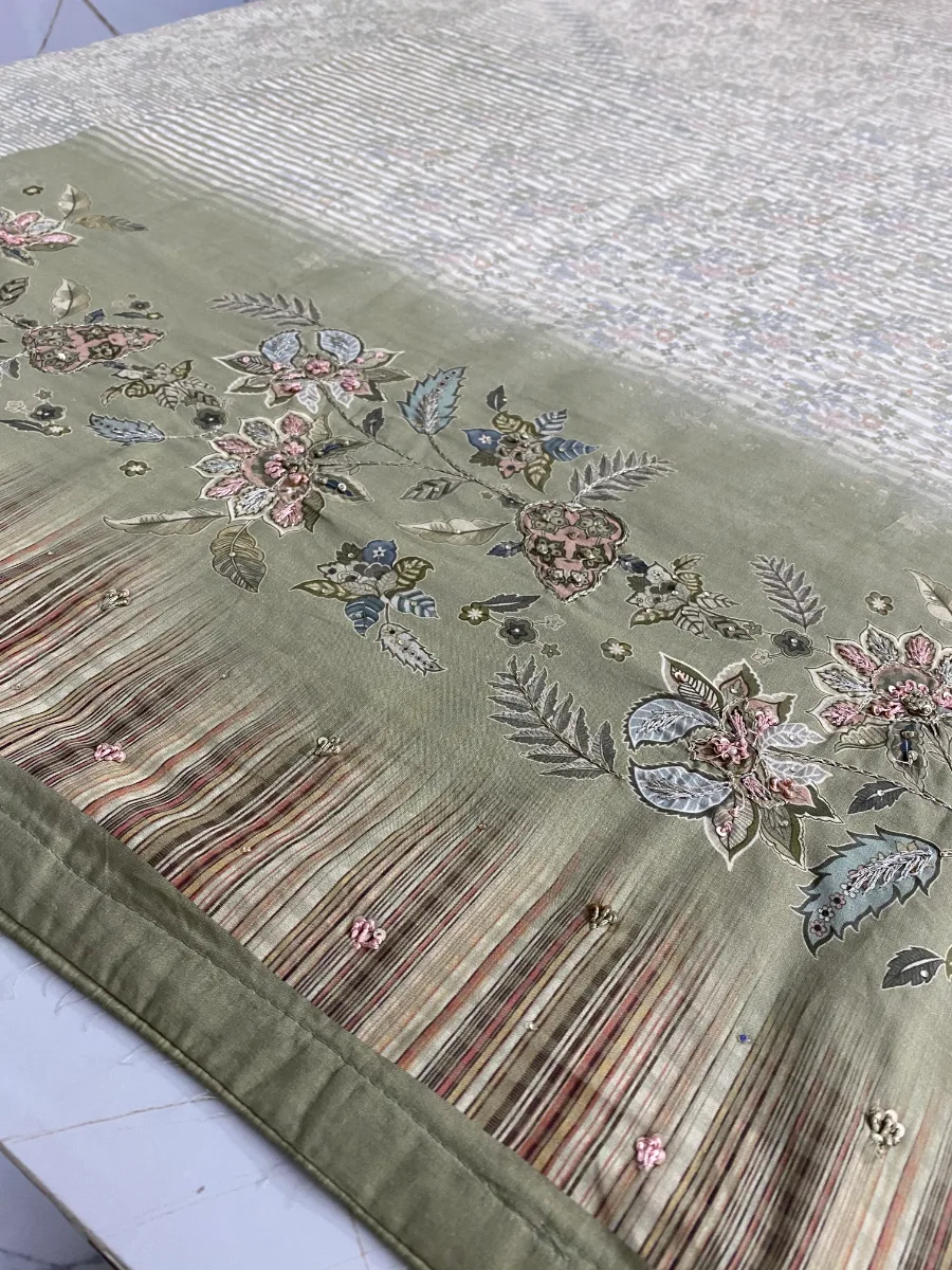 Pure Cotton | Deep Olive Green | Hand Embroidery Printed | Unstitched Suit