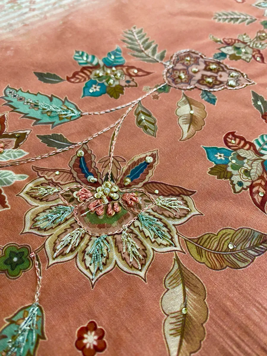 Pure Cotton | Rusty Rose | Hand Embroidery Printed | Unstitched Suit
