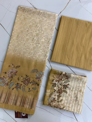 Pure Cotton | Soft Golden Beige | Hand Embroidery Printed | Unstitched Suit