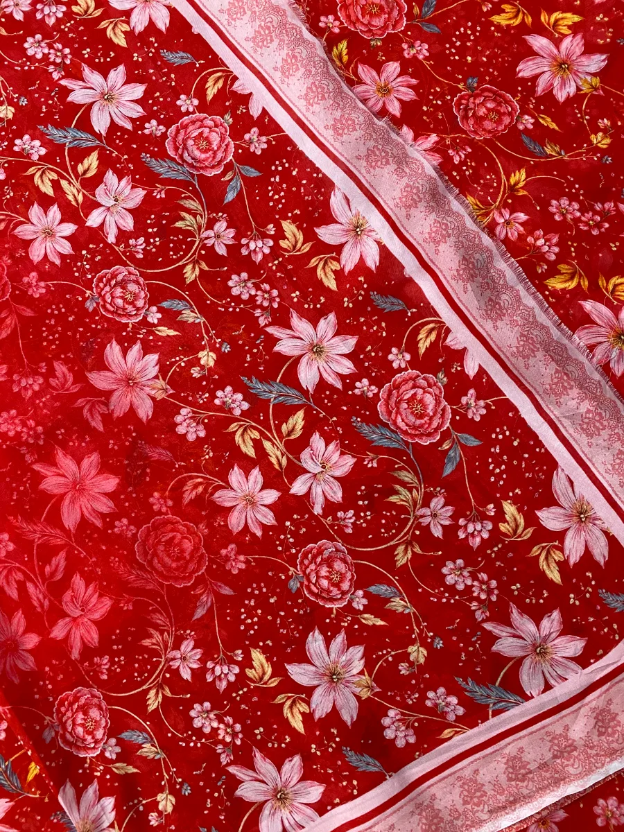 Organza & Crepe | Red & Floral | Printed | Unstitched Suit