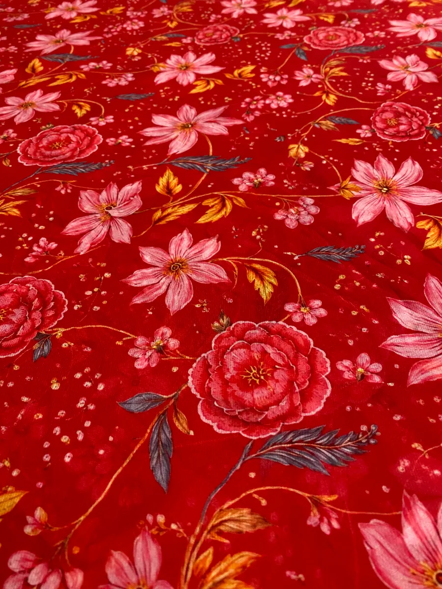 Organza & Crepe | Red & Floral | Printed | Unstitched Suit