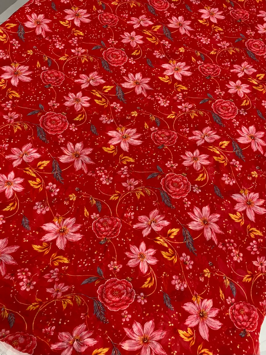 Organza & Crepe | Red & Floral | Printed | Unstitched Suit