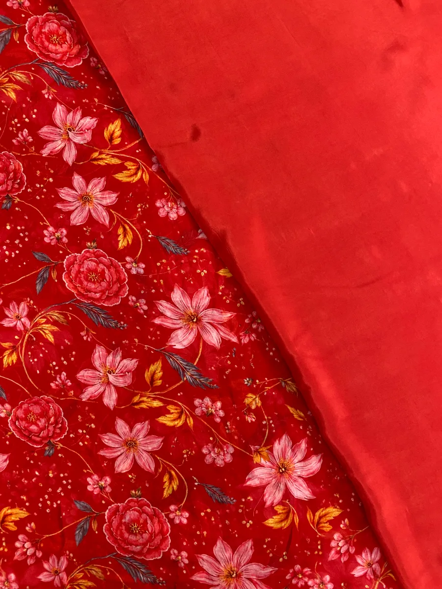 Organza & Crepe | Red & Floral | Printed | Unstitched Suit
